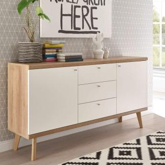 Wohnzimmer Sideboard MAINZ-61 Retro skandinavisch weiß matt mit Eiche Riviera Nb. B/H/T ca. 160 x 83 x 40 cm