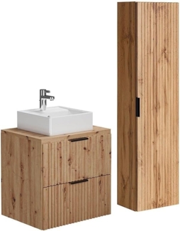 Vente-unique - Waschbeckenunterschrank hängend mit Ablagen & Aufsatzwaschbecken + Säule – Streifenoptik – Hell-Natur – 60 cm – ZEVARA