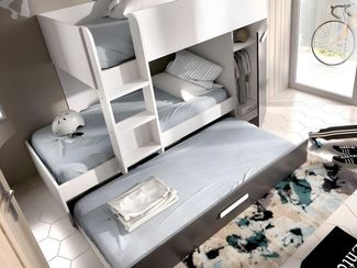 Vente-unique - Etagenbett Ausziehbett mit Stauraum + Matratzen - 3x 90 x 190 cm - Weiß & Anthrazit - ANTHONY