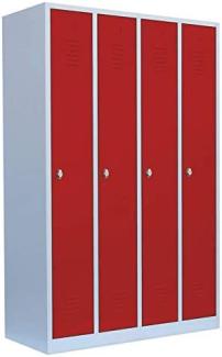 Spind Garderobenschrank Stahlschrank Metallschrank Kleiderspind 180 x 117 x 50 cm Lichtgrau/Rot 4 Abteile Abteilbreite ca. 300 mm 510144