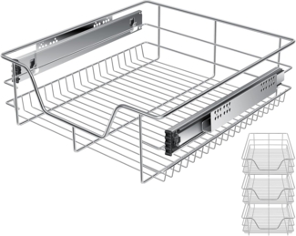 KESSER® Teleskopschublade ✓ Küchenschublade ✓ Küchenschrank ✓ Korbauszug ✓ Schrankauszug ✓ Vollauszug ✓ Schublade 3x 50cm - Silber