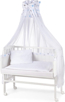 WALDIN Beistellbett mit Matratze und Nestchen, höhenverstellbar, Ausstattung Sterne-grau/blau, Gestell Weiß lackiert