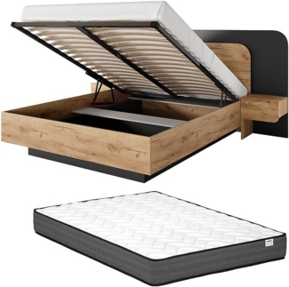Vente-unique - Bett mit Bettkasten mit Nachttischen - 160 x 200 cm - Mit LED-Beleuchtung - Holzfarben & Anthrazit - DESADO