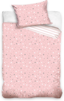 MTOnlinehandel Babybettwäsche Stella • Sterne • Streifen • 100x135 + 40x60 cm, Renforcé, 100% Baumwolle, 2 teilig, Sterne in Weiß und Grau • Wende-Motiv mit zarten Streifen