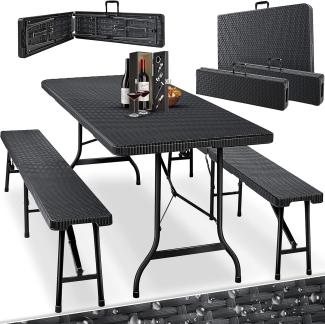 KESSER® Bierzeltgarnitur - 3-teilig Set, Tisch + 2 x Bank, für drinnen - draußen, klappbar, Tragegriffe, HxBxT: 73x180x75 cm , Kunststoff, Rattan-Look Gartengarnitur , Klapptisch , Gartentisch Schwarz, Rattan