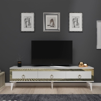 Hanah Home Elegant TV Stand, White & Gold, 180 x 44.6 x 29.6 cm | 100% Melamine Coated Particle Board, 18 mm Thick | Stylish Storage for Modern Living Rooms