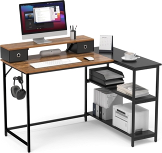 Mondeer Eckschreibtisch L-Förmiger Computertisch, mit 2 Regalen links oder rechts, mit Monitorhalterung, 120 x 88.5 x 90 cm