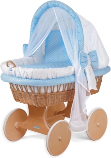 WALDIN Stubenwagen-Set mit Ausstattung, Gestell/Räder natur lackiert, Ausstattung blau kariert