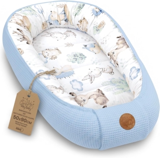 Babynest Neugeborene Nestchen Baby 90x50 cm - Kokon Handmade zweiseitig aus Baumwolle Waffel mit Babynestchen Tiere Blau