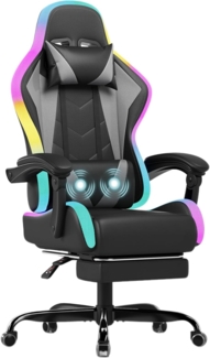 JUMMICO Gaming Stuhl mit led, Cool Racing Gamer Stuhl, Ergonomischer Bürostuhl mit Massagefunktion, Verstellbare Rückenlehne 90-135°, mit Teleskop Fußstütze, Gamingstuhl 150 kg belastbarkeit, Graue