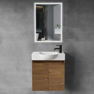 Alpenberger Badmöbel-Set mit Spiegel - Waschtisch mit Unterschrank + Badspiegel mit Beleuchtung, (Badezimmerschrank mit Waschbecken, 3-tlg. Badezimmermöbel), Waschbeckenunterschrank - Eiche