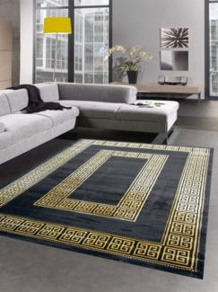 Carpetia Teppich Teppich Wohnzimmer mit Bordüre Mäander Muster schwarz gold, rechteckig, Höhe: 12 mm