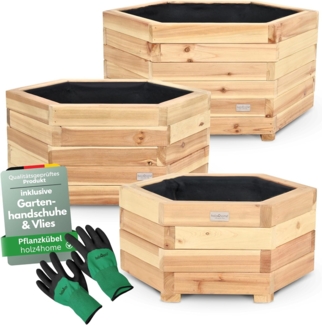 holz4home® Pflanzkübel 6-eckig aus Tannenholz I Outdoor Blumenkübel für Garten Balkon, inkl. Gartenhandschuhe & Vlies