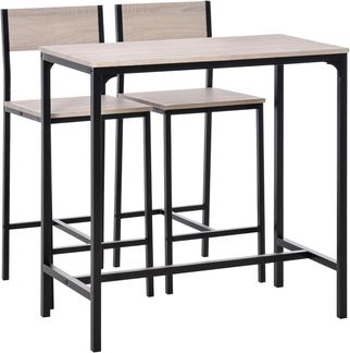HOMCOM Bargruppe Esstisch mit 2 Barhocker, (Sitzgruppe, 3-tlg, Essgruppe), Natur+Schwarz MDF Metall