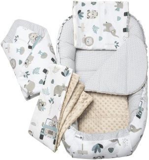 Medi Partners 5 teilig Babynestchen Set Babynest 100x60x15 herausnehmbarer Einsatz Bett Kuschelnest Krabbeldecke Babys Neugeborene 100% Baumwolle (Mint Zoo mit beige Minky)