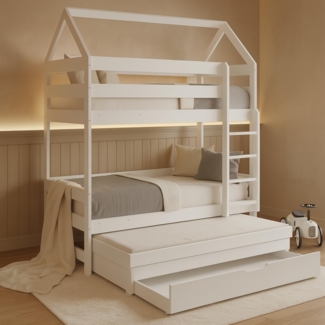 Alavya Home® Etagenbett CASA Hochbett Kinderbett 80x160 cm mit Lattenrost und Rausfallschutz (Etagenbett 80×160 cm in Weiß für 3 Kinder – FSC®‑zertifiziertes Kiefernholz, platzsparendes Hochbett mit integriertem Gästebett), geräumiger Schublade & Abste...