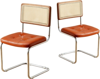SeedWave Freischwinger 2er-Set Rattan Esszimmerstühle Retro Küchenstuhl mit Kunstleder-Sitz, Schwingstühle mit Rattanrücklehne im Wahlnussrahmen