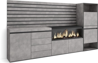 Skraut Home | Sideboard, Kommode | Aufbewahrungsschrank | 274 x 145 x 35 cm | Für Schlafzimmer, Zimmer | Elektrokamin XXL | Kommode mit Schubladen | Schuhschrank | Moderner Stil | Zement