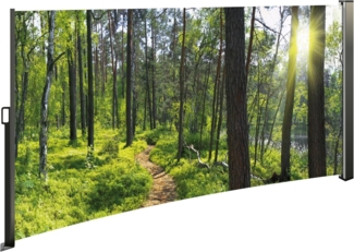 Seitenmarkise ausziehbar links, 160 cm hoch, Seitenrollo mit Fotodruck, Wald