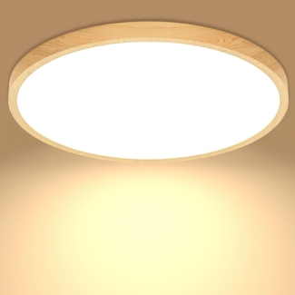 Deckenlampe Led Deckenleuchte Holzoptik Lampe, Flach Rund Badlampe Decke Ø30CM 24W 3000K 2400LM Warmweiss Wohnzimmer für Kinderzimmer Schlafzimmer Badzimmer Kinderzimmer Flur Bad Küche Keller Balkon