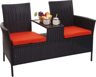 Poly-Rattan Sitzbank mit Tisch HWC-E24, Gartenbank Sitzgruppe Gartensofa, 132cm ~ schwarz, Kissen terracotta