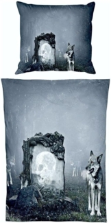 JACK Bettwäsche Microfaser Bettwäsche 135x200 cm Wolf Guard Tier Fantasy Totenkopf Grau, Microfaser, 2 teilig, fotorealistischer Print Druck, Mystisch und geheimnisvoll Wolfsrudel