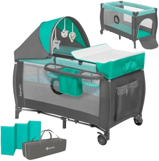 Lionelo Sven Plus 2 in 1 Baby Bett Laufstall Baby ab Geburt bis 15 kg Wickelauflage Moskitonetz luftige Seitenwände mit Seiteneingang Tragetasche zusammenklappbar (Türkis-Grau)
