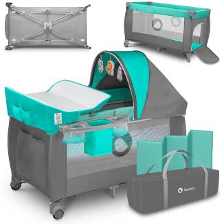 Lionelo Sven Plus 2 in 1 Baby Bett Laufstall Baby ab Geburt bis 15 kg Wickelauflage Moskitonetz luftige Seitenwände mit Seiteneingang Tragetasche zusammenklappbar (Türkis-Grau)