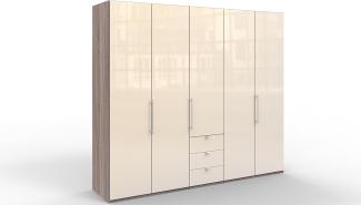 WIEMANN Loft Kleiderschrank, Schlafzimmerschrank, Gleittürenschrank, Drehtürenschrank, mit Schubladen, Glas magnolie, Trüffeleiche, Holz, B/H/T 250 x 216 x 58 cm