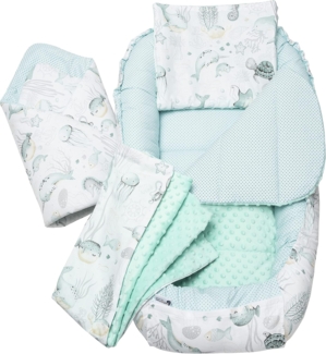 Medi Partners 5 teilig Babynestchen Set Babynest 100 x 60 x 15 herausnehmbarer Einsatz Bett Kuschelnest Krabbeldecke Babys Neugeborene 100% Baumwolle (Ozean mit Minze Minky)