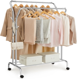 SONGMICS Kleiderständer auf Rollen, 2 Kleiderstangen, Garderobenstange, Garderobenständer aus Stahlrohren, bis 100 kg belastbar, 103,5 cm breit, multifunktionale Aufbewahrung, silbern HSR107E01