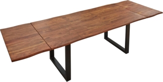 SAM Baumkantentisch 140 (220) x 90 cm Norina by Wolf Möbel, Akazienholz massiv & nougatfarben lackiert, Esszimmertisch inkl. 2 Ansteckplatten, echte Baumkante, Esstisch mit U-Metallgestell in Schwarz