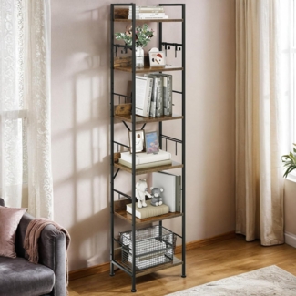 YITAHOME Bücherregal mit 6 Ebenen, Industrielles Standregal, Metallrahmen und Holzregale, Hohes Lagerregal mit 4 Haken, Präsentationsorganizer, für Wohnzimmer, Heimbüro, Vintagebraun Regal