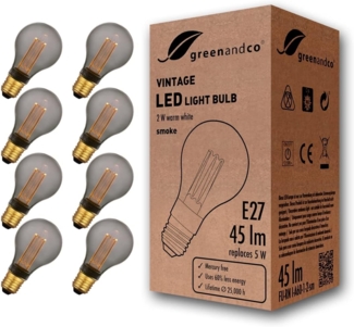 greenandco 8x LED Vintage Glühbirne zur Stimmungsbeleuchtung | E27 A60 | smoke | 2W 45lm | 1800K extra warmweiß | 320° | 230V | flimmerfrei | nicht dimmbar | Edison Glühbirne