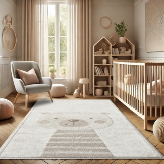 Teppich Kinderzimmer 160x230cm - Pastell Beige Creme - Kurzflor Spielteppich mit niedlichem Bär Motiv