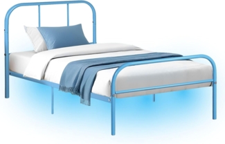 FurnitureR Metallbett Metallrahmen Bett mit LED-Licht, Gästebett Einzelbett Einzelbett Moderne Bettrahmen Jugendbett mit Lattenrost für Schlafzimmer Gästezimmer 90x190 cm, Blau
