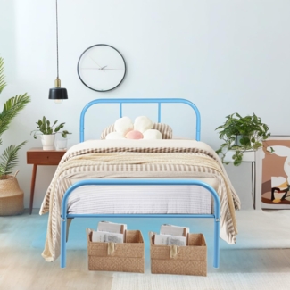 FurnitureR Metallbett Metallrahmen Bett mit LED-Licht, Gästebett Einzelbett Einzelbett Moderne Bettrahmen Jugendbett mit Lattenrost für Schlafzimmer Gästezimmer 90x190 cm, Blau