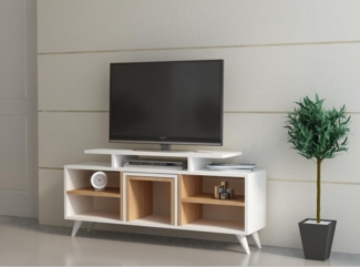 Hanah Home Modern TV Unit with Wall-Mount Option, White & Teak, 120 cm | 100% Melamine Coated Particle Board, 18 mm Thick | Includes 2 Coffee Tables & Multiple Shelves