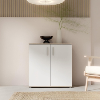 Forte IKOLI Kommode 80, Moderne Kommode, 2-türig, Wohn-/Schlafzimmer, Flur, Holzwerkstoff, Weiß mit Sonoma Eiche Holzdekor, 79,9 cm breit x 81,7 cm hoch x 31,4 cm tief