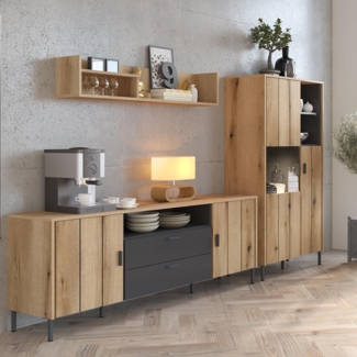 Lomadox Wohnwand STON-129, (3-St, Lowboard Wandregal Highboard), Eiche Dekor anthrazit Industrial Stil Metallfüße Softclose