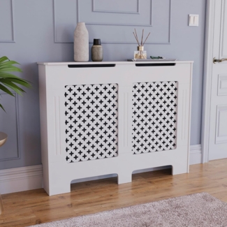 Vida Designs Oxford-Heizkörperabdeckung, moderner weißer MDF-Schrank mit Rillen, oberes Regal aus Holz, mittelgroß