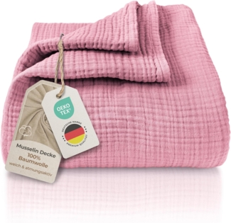 LAYNENBURG Premium Musselin Tagesdecke 220x240 cm XXL - 100% Baumwolle - extraweiche Baumwolldecke als Kuscheldecke, Bett-Überwurf, Sofa-Überwurf, Couch-Überwurf - warme Sofa-Decke (Altrosa)