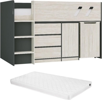 Vente-unique - Kombi-Bett 90 x 190 cm - Mit Schreibtisch & Stauraum - Anthrazit & hellgraue Holzoptik + Matratze - SAGITI