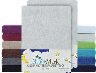 NatureMark Spannbettlaken Frottee Spannbettlaken, 80% Baumwolle / 20% Polyester, Gummizug: rundum, (2 Stück), 2er Set Kinder Spannbettlaken Frottee, Spannbetttuch 80% Baumwolle / 20% Polyester, für Babybett und Kinderbett, 70x140 cm - Silber grau