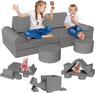Clevich Spielsofa für Kinder, 15-Teiliges Modulare Kinderspielcouch, Kindersofa ausklappbar, Oeko-TEX100 Zertifiziert, Schlafsofa aus Schaumstoff, für Kuschelecke im Kinderzimmer, Kuschel-Cord (Grau)