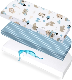 Lovely Hippo 2X Spannbettlaken 50x89 cm Kompatibel mit BabyBay + 1X Matratzenschoner - Spannbettlaken Baby Kompatibel mit Maxi, Boxspring, Comfort, Comfort Plus 100% Baumwolle (Safari Blau, 50x89 cm)