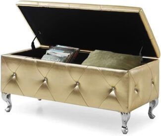 BAKAJI Aufbewahrungsbox Pouf Fußstütze, Schlafzimmer, Bank, Hocker, Gestell aus Holz, Bezug aus Kunstleder, gesteppt mit Kristallen, Beine aus Metall, modernes Design (Gold)