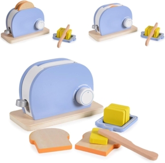 Moni Spielzeug Toaster 4341 Set Holz, Drehknopf, Butter, Messer, Toastscheiben hellblau