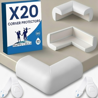 HAPPY CHLEA® Eckenschutz und Kantenschutz Baby Gummi Weich mit „AKTIVSCHAUM“ technologie, für Tisch und Möbel Ecken, Stoßschutz für Baby und Kinder. BONUS 2 Schubladensicherung (Weiße)