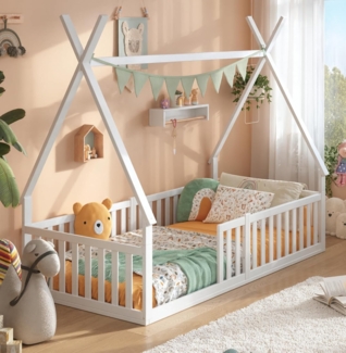 Alavya Home® Hausbett Bodenbett SKY FSC zertifiziert mit 2 Jahre Garantie (Exklusives Beech Wood Bett – Top-Preis!, Hausbett 80x160 cm mit Matratze, Rausfallschutz & Lattenrost Kinderbett 80x160), bodentiefes Jugendbett weiß massiv BUCHE für Junge Mädchen